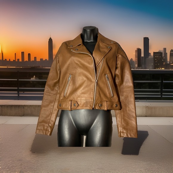 Jackets & Blazers - Coffee Shop Faux leather Moto Jacket Womens Crop Size Small Brown